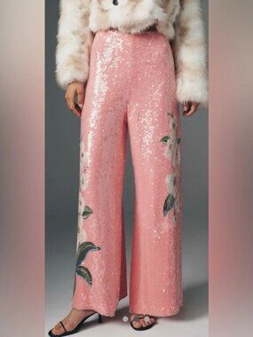 Farm Rio X Anthropologie Pink Sequin Floral Wide Leg Pants